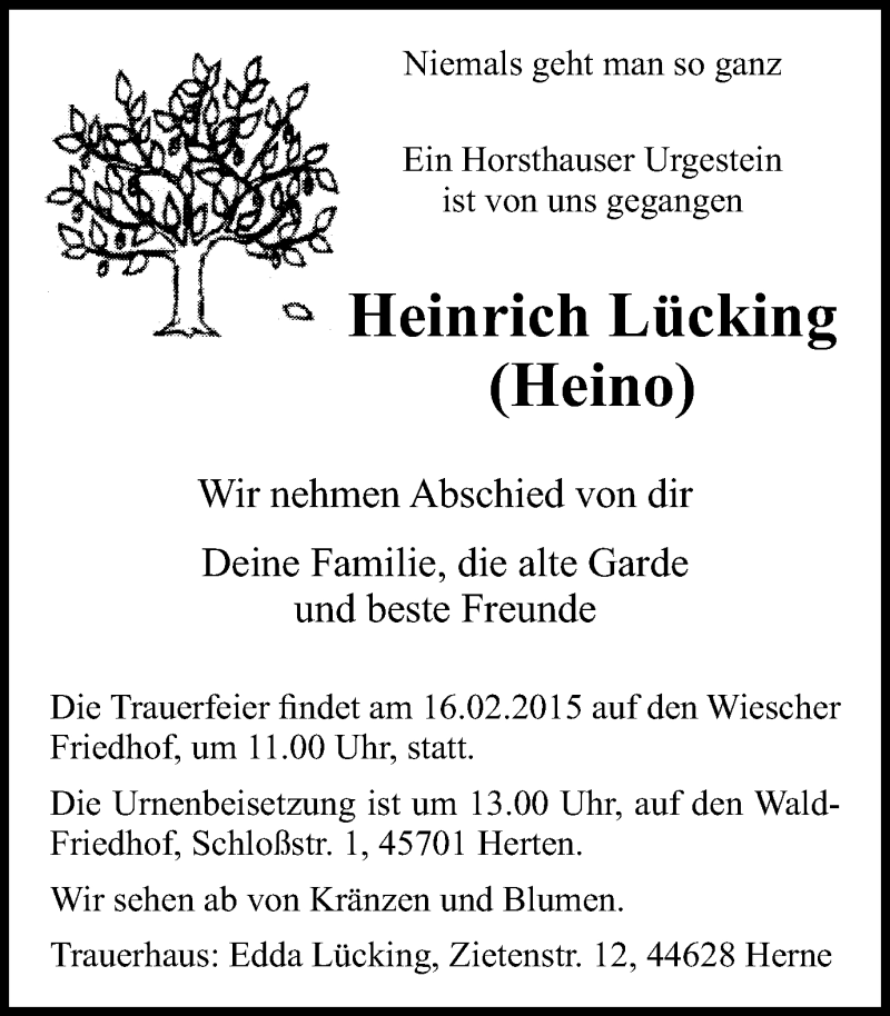  Traueranzeige für Heinrich Lücking vom 10.02.2016 aus Wochenblatt Herne/Wanne-Eickel