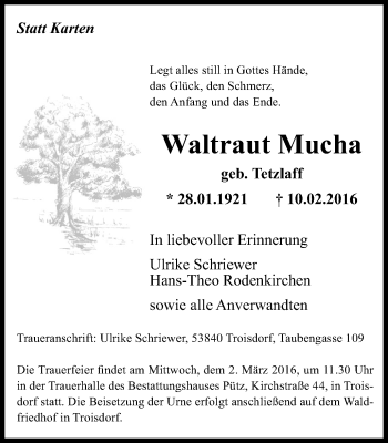 Traueranzeige von Waltraut Mucha von Stadtspiegel Hattingen/Niedersprockhövel