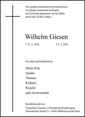 Traueranzeige von Wilhelm Giesen von Mülheimer Woche