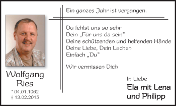 Traueranzeige von Wolfgang Ries von Gocher Wochenblatt