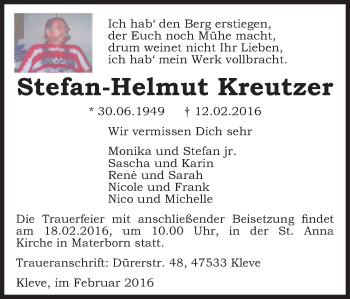 Traueranzeige von Stefan-Helmut Kreutzer von Klever Wochenblatt