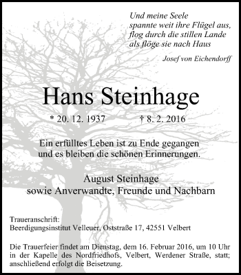 Traueranzeige von Hans Steinhage von Stadtanzeiger Velbert + Heiligenhaus