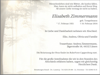 Traueranzeige von Elisabeth Zimmermann von Lüner Anzeiger