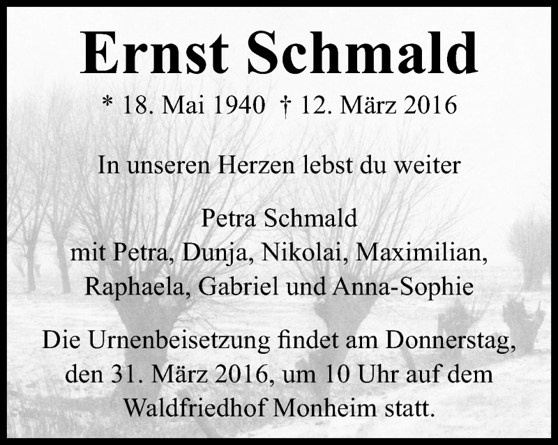  Traueranzeige für Ernst Schmald vom 16.03.2016 aus Wochen-Anzeiger Langenfeld/Monheim/Hilden