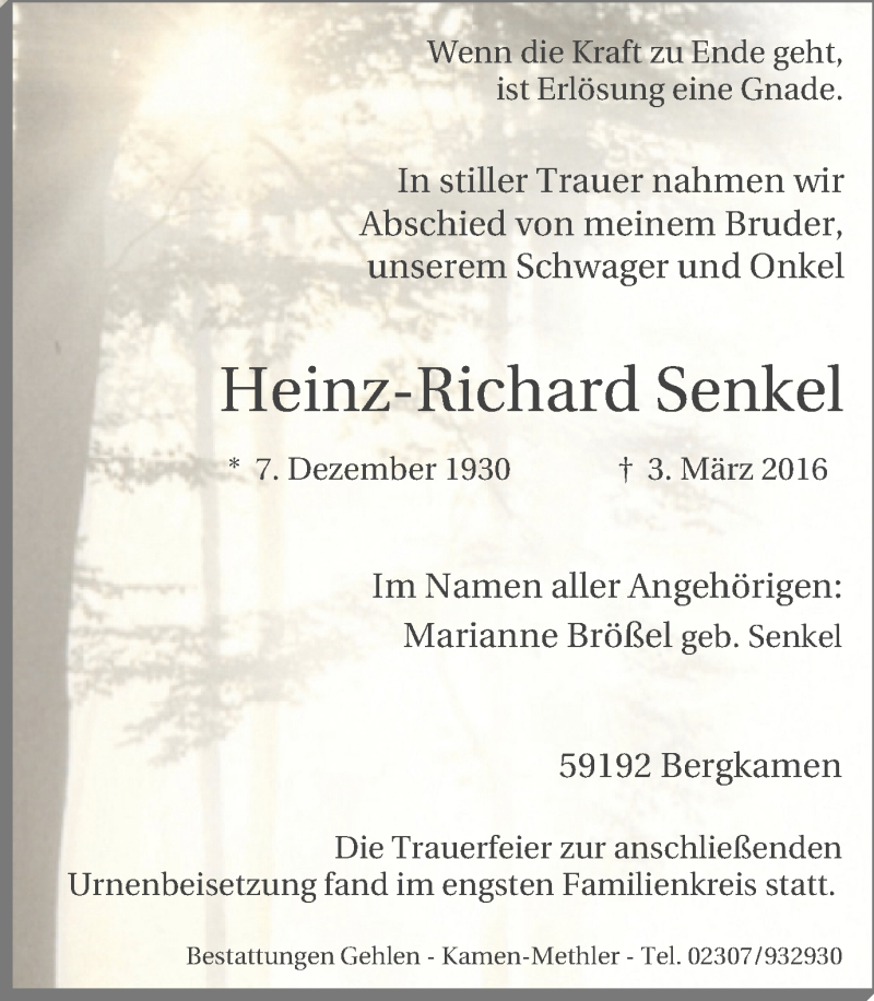  Traueranzeige für Heinz-Richard Senkel vom 23.03.2016 aus Stadtspiegel Kamen + Unna