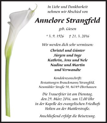 Traueranzeige von Annelore Strangfeld von Wochen-Anzeiger Oberhausen