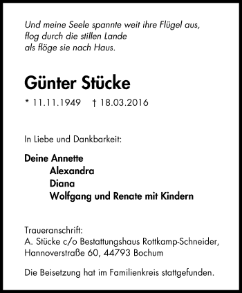 Traueranzeige von Günter Stücke von Stadtspiegel Bochum