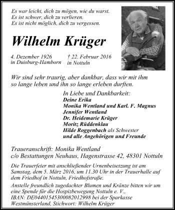 Traueranzeige von Wilhelm Krüger von Wochen-Anzeiger Duisburg