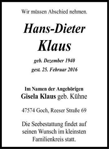 Traueranzeige von Hans-Dieter Klaus von Gocher Wochenblatt
