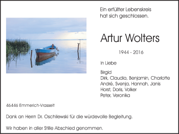 Traueranzeige von Artur Wolters von Stadtanzeiger Emmerich/Rees/Isselburg