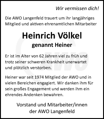 Traueranzeige von Heinrich Völkel von Wochen-Anzeiger Langenfeld/Monheim/Hilden