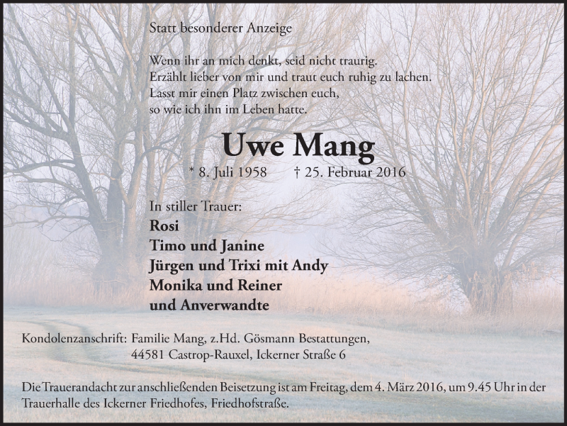  Traueranzeige für Uwe Mang vom 02.03.2016 aus Stadtanz.Castrop-Rauxel