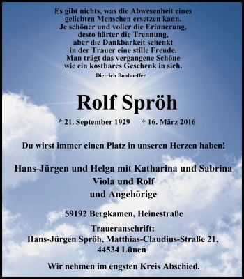 Traueranzeige von Rolf Spröh von Stadtspiegel Kamen + Unna