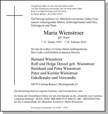 Traueranzeige von Maria Wienstroer von Stadtanz.Castrop-Rauxel