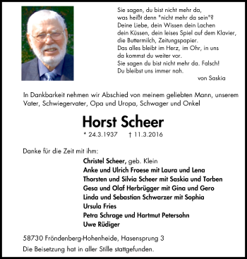 Traueranzeige von Horst Scheer von Stadtspiegel Menden + Froendenberg