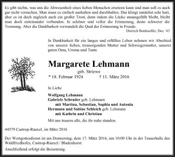 Traueranzeige von Margarete Lehmann von Stadtanz.Castrop-Rauxel