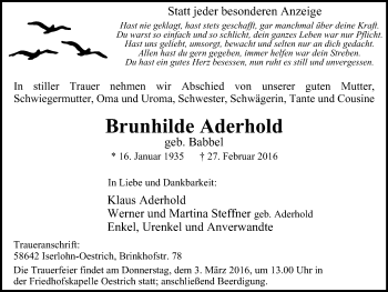Traueranzeige von Brunhilde Aderhold von Stadtspiegel Iserlohn + Hemer