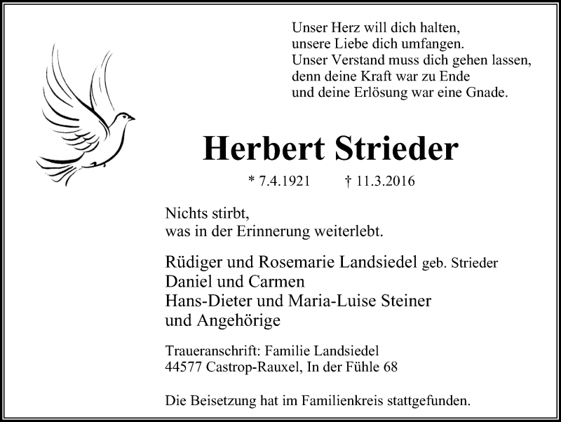  Traueranzeige für Herbert Strieder vom 23.03.2016 aus Stadtanz.Castrop-Rauxel