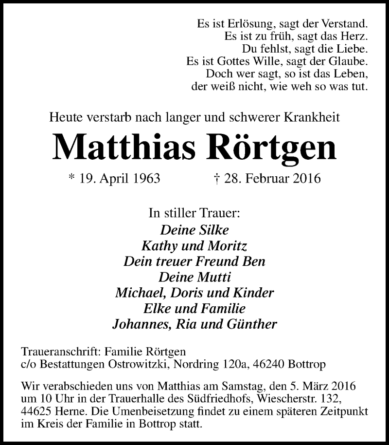  Traueranzeige für Matthias Rörtgen vom 02.03.2016 aus Stadtspiegel Bottrop
