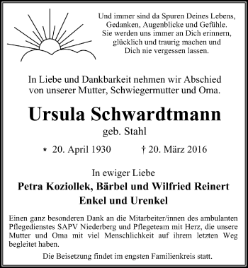 Traueranzeige von Ursula Schwardtmann von Stadtanzeiger Velbert + Heiligenhaus
