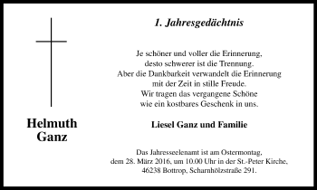 Traueranzeige von Helmuth Ganz von Stadtspiegel Bottrop
