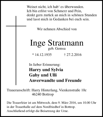 Traueranzeige von Inge Stratmann von Stadtspiegel Bottrop