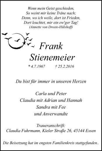 Traueranzeige von Frank Stienemeier von Kettwig Kurier