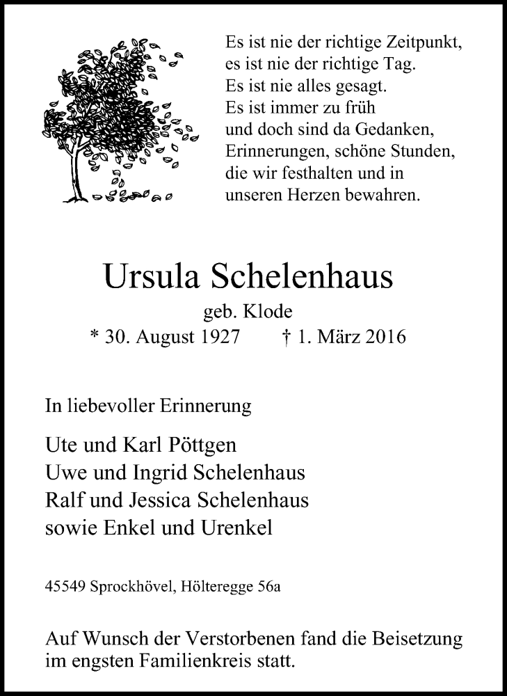  Traueranzeige für Ursula Schelenhaus vom 12.03.2016 aus Stadtspiegel Hattingen/Niedersprockhövel