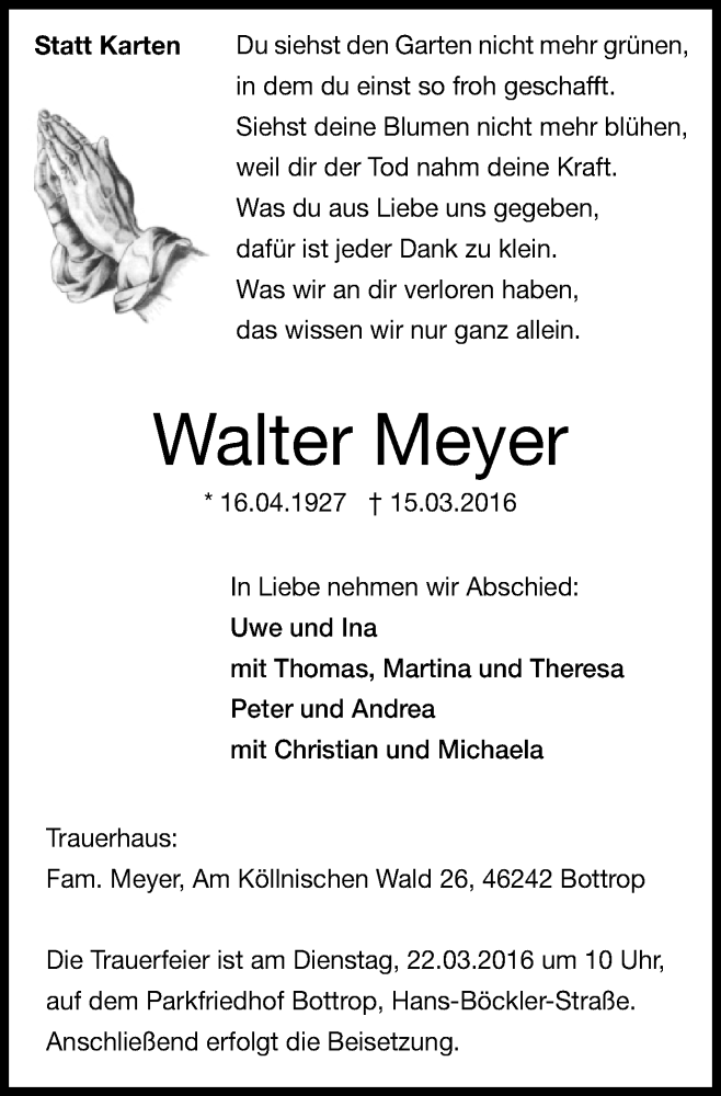  Traueranzeige für Walter Meyer vom 19.03.2016 aus Stadtspiegel Bottrop