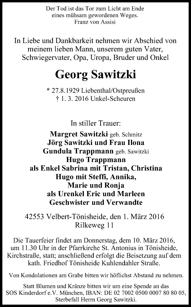  Traueranzeige für Georg Sawitzki vom 05.03.2016 aus Stadtanzeiger Velbert + Heiligenhaus