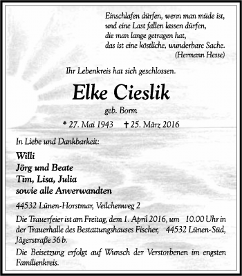 Traueranzeige von Elke Cieslik von Lüner Anzeiger