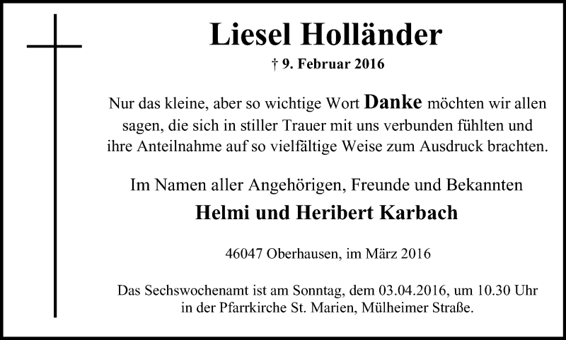  Traueranzeige für Liesel Holländer vom 23.03.2016 aus Wochen-Anzeiger Oberhausen