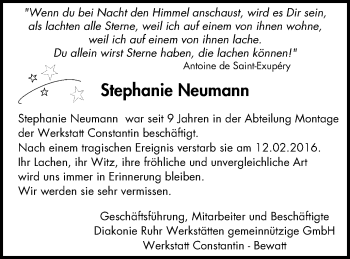 Traueranzeige von Stephanie Neumann von Stadtspiegel Bochum + Wattenscheid