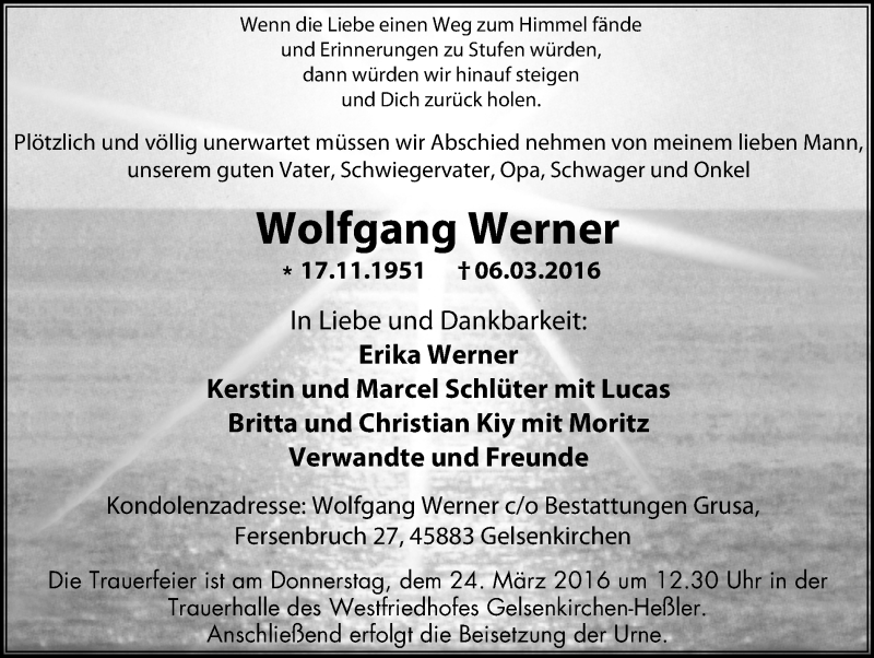  Traueranzeige für Wolfgang Werner vom 19.03.2016 aus Stadtspiegel Gelsenkirchen