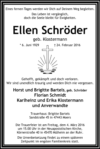 Traueranzeige von Ellen Schröder von Mülheimer Woche