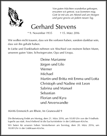 Traueranzeige von Gerhard Stevens von Stadtanzeiger Emmerich/Rees/Isselburg
