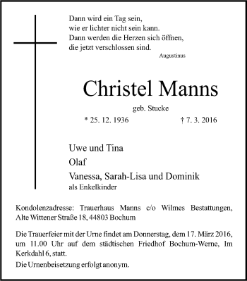 Traueranzeige von Christel Manns von Stadtspiegel Bochum