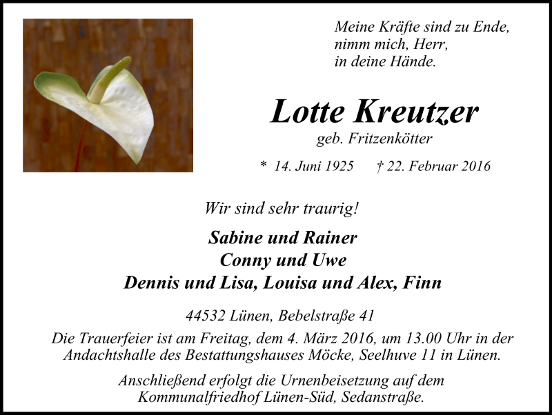  Traueranzeige für Lotte Kreutzer vom 02.03.2016 aus Lüner Anzeiger