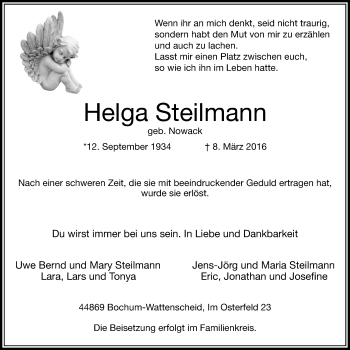 Traueranzeige von Helga Steilmann von Stadtspiegel Wattenscheid