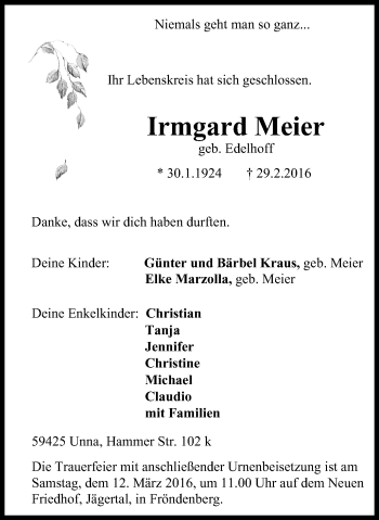 Traueranzeige von Irmgard Meier von Stadtspiegel Menden + Froendenberg