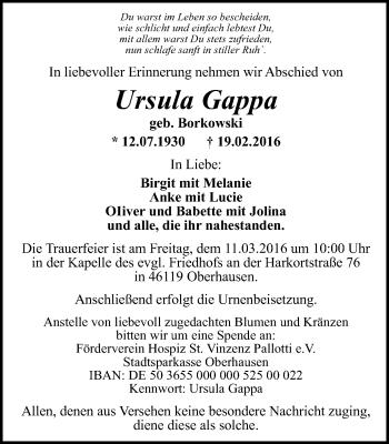 Traueranzeige von Ursula Gappa von Wochen-Anzeiger Oberhausen