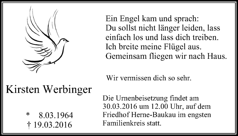  Traueranzeige für Kirsten Werbinger vom 26.03.2016 aus Wochenblatt Herne/Wanne-Eickel