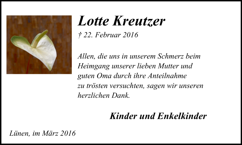  Traueranzeige für Lotte Kreutzer vom 23.03.2016 aus Lüner Anzeiger