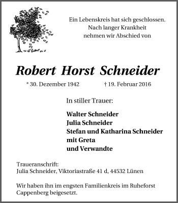Traueranzeige von Robert Horst Schneider von Lüner Anzeiger