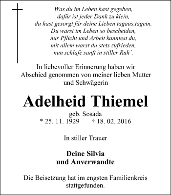 Traueranzeige von Adelheid Thiemel von Stadtanz.Castrop-Rauxel