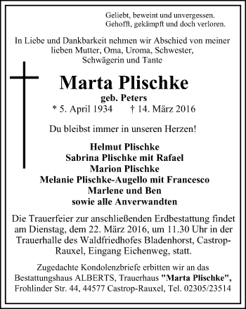 Traueranzeige von Marta Plischke von Stadtanz.Castrop-Rauxel