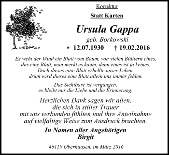 Traueranzeige von Ursula Gappa von Wochen-Anzeiger Oberhausen