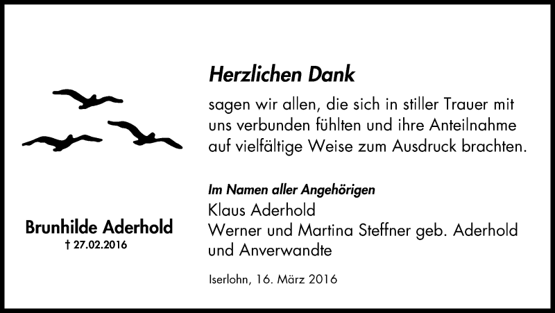  Traueranzeige für Brunhilde Aderhold vom 16.03.2016 aus Stadtspiegel Iserlohn + Hemer