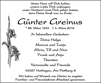 Traueranzeige von Günter Greinus von Stadtspiegel Hattingen/Niedersprockhövel