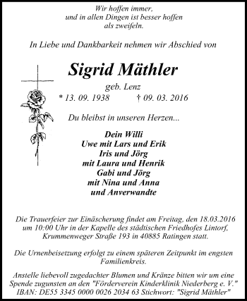 Traueranzeige von Sigrid Mäthler von Stadtanzeiger Velbert + Heiligenhaus